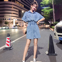 Little man 2021 summer denim five-point pants womens casual suit high waist student denim short sleeve fashion suit