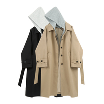 Banana vogue medium-long hooded trench coat womens autumn and winter 2021 new loose lace-up waist casual coat