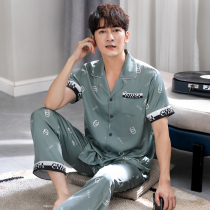 Ice silk pajamas mens spring summer short sleeves long pants plus size summer mens silk cardigan thin housewear set