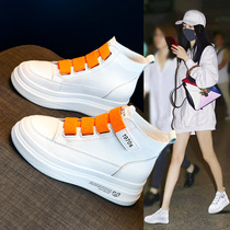 Increased leather small white shoes female 2021 Autumn New thick soled Joker casual shoes Korean version of high trendy shoes