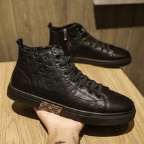 European station high-top shoes mens Korean version trend leather mens casual all-match shoes autumn and winter plus velvet luxury mens shoes