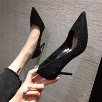 2022 Spring Autumn Season 100 Hitch New Single Shoes Sexy Pointed Water Drill Crystal Method Black High Heels Woman Fine Heel