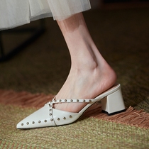 A D Hepburn Baotou half slippers women wear new rivet cowhide fashion pointed thick heel half drag women