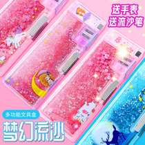 Net red quicksand pencil box girls childrens stationery box Primary School students Cute kindergarten girls ins Wind Japanese Department first second grade and third grade transparent large capacity girl heart 2021 New transparent