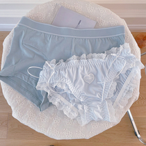 Blue sweet and small frescoed couples underpants lace lace cute and breathable light and thin butterfly knot triangle pants day in the middle of the waist