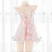 Pink girl ~ sexy cute hollow suspender skirt dress personality ribbon dovetail skirt private sex dress