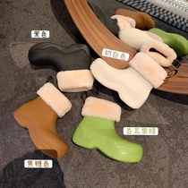 Ashigo mona same autumn and winter plus velvet avocado rain boots thick solo snow cotton shoes womens short boots rain shoes