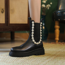 GANAIER beauty ~ Super fairy design sense Pearl leather Martin boots female new smoke tube short boots 5CM