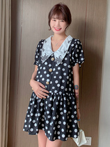 Large size pregnant women bubble sleeve skirt summer fashion French embroidery lapel polka dot net red high-end dress women