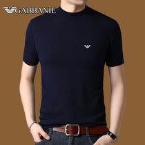 Chiamania Cardigan Mens Half High Neck Short Sleeve Knitting Korean Half Sleeve Pullover Middle-aged Cashmere base shirt