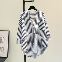 Tide brand single pocket vertical stripe cotton and linen shirt womens autumn 2021 new loose casual shirt cardigan top