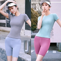 Hip-raising fitness pants womens summer thin stretch tight-fitting sports suit High waist running outside wear short-sleeved yoga suit summer