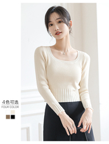 Short square-neck knitted sweater womens 2022 autumn new white slim-fitting bottoming sweater black long-sleeved top