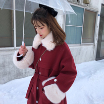 Winter woolen coat womens long small man Korean version of loose thick Hepburn style New year red woolen coat