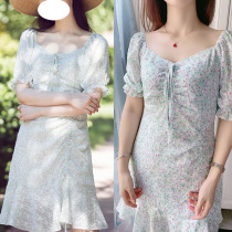 Star same dress fresh sweet pleated song iron bubble sleeve niche square collar flower 2021 summer New