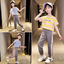 Girl Suit Summer Tennis Red 6 Sports 9 Ocean Gas 12 Year Old Fashion Summer Clothes Children Pure Cotton Short Sleeve Long Pants Two Sets