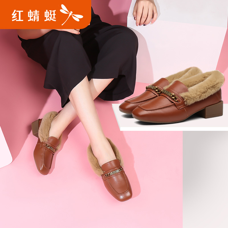Red 蜻蜓 毛毛鞋2018 new winter cotton shoes women plus velvet warm fashion casual flat leather shoes