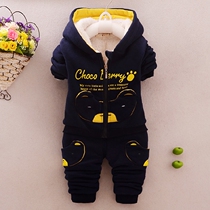 Male baby cotton clothes 0 1 1 year old and a half 2-3 baby plus velvet thickened autumn and winter clothes childrens winter two-piece clothing 4