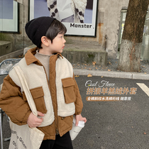 Qiqi Tong Cang boy thick coat Winter Childrens lamb velvet stitching coat Korean version of small and medium children warm and thick