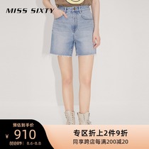 Miss Sixty2021 autumn new denim shorts womens printing holes high waist loose straight light color