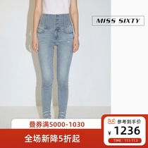Miss Sixty2021 Spring and Autumn new jeans women four button super high waist light color hole tight small feet