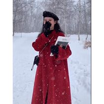 Red double-sided tweed coat womens long new 2021 New Year coat autumn and winter cashmere wedding fat mm size tide