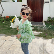 Blue Little Dad 2022 Spring Autumn Clothing New Girl Doll Shirt Han Version Foreign Air Shirt Baby Long Sleeve Shirt Tide