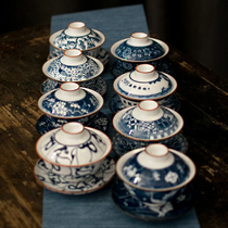 Green flower porcelain cover bowl tea cup retro foam tea bowl single big number three-only tea bowl home to tea bowl Kung Fu tea set cup