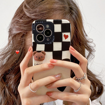 Sheepskin iphone13promax womens chessboard grid subnet Red Bear ins Apple 13 mobile phone case 12Pro max new iPhone13 protective cover 11