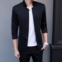 Casual suit men Korean version of slim handsome stand-up collar Chinese tunic suit two-piece youth thick suit jacket mens set