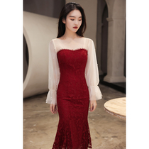Fish tail toast bride can usually wear summer red wedding engagement back dress fairy long sleeve