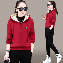 Plus velvet padded sports suit women autumn and winter 2021 New Fashion loose hooded cotton sweater casual wear two-piece set
