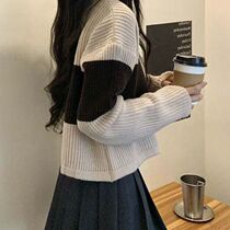 Striped Contrast Short Knit Long Sleeve Sweater Womens Autumn 2021 New Round Neck Pullover Lazy Style Top