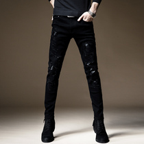 Black jeans men Korean version of the hole Tide brand Slim foot pants mens large size casual versatile stretch pants