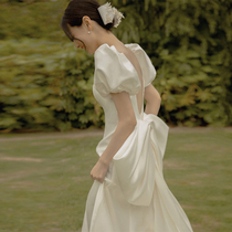 Satin fishtail light wedding dress Super fairy dream sexy halter bridal welcome out yarn temperament elegant white dress