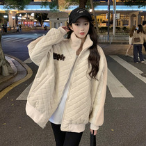Baseball cotton-padded clothes cotton-padded jacket 2021 autumn and winter new loose lingge design feeling small group lamb wool loose Joker coat