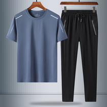 Summer middle-aged short-sleeved T-shirt mens ice silk quick-drying trousers half-sleeve two-piece set Middle-aged dad summer suit