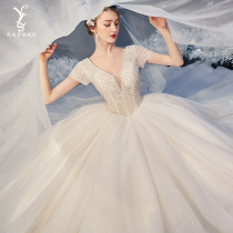 Main yarn v-lord wedding dress 2021 new temperament large size court style to tie the tail of the bride summer high-end super fairy