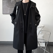Worck trench coat men long large size loose hooded casual coat Korean trend autumn long knee coat