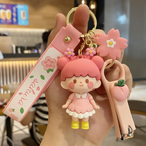 Pink Cherry Blossom Girl keychain female exquisite key pendant cute schoolbag hanging doll stereo key chain ring