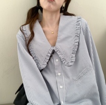 PoanPan big lapel collar College Wind small plaid doll shirt fresh V collar design sense thin loose long sleeve shirt