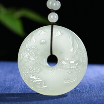 Hetian Jade shallow green jade safe buckle Jiangnan scenery mountain water jade lady male Jade Jade jade pendant landscape brand