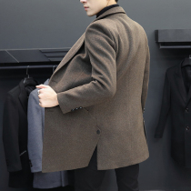 Hairy coat mens long Korean version of winter thick English mens windbreaker handsome cashmere woolen coat men