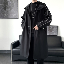 Black trench coat mens long style brand Ruffian handsome British wind knee jacket Korean trend mens spring and autumn coat