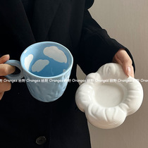 Oranges*niche in Korean blue sky clouds ceramics lovely fat handdrawn coffee cup dish