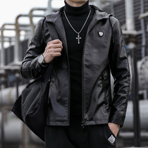 Mens leather jacket coat 2021 spring new Korean trend casual handsome slim slim motorcycle jacket hooded clothes