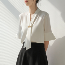 JACOOBS white streamer shirt womens high-end satin blouse design sense niche light cooked Hong Kong style wild summer