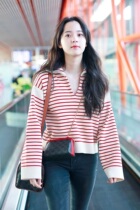 Liu Shishi Ouyang Nana star with the same red and white stripes thin polo sweater top age-reducing sweater womens tide