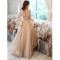 Champagne evening dress dress female 2021 new birthday banquet temperament celebrity host bridesmaid dress autumn Long