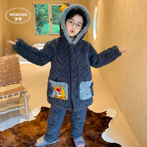 Childrens pajamas autumn and winter thickened boys warm and velvet three-layer cotton cotton Winter Childrens Home clothing cute suit